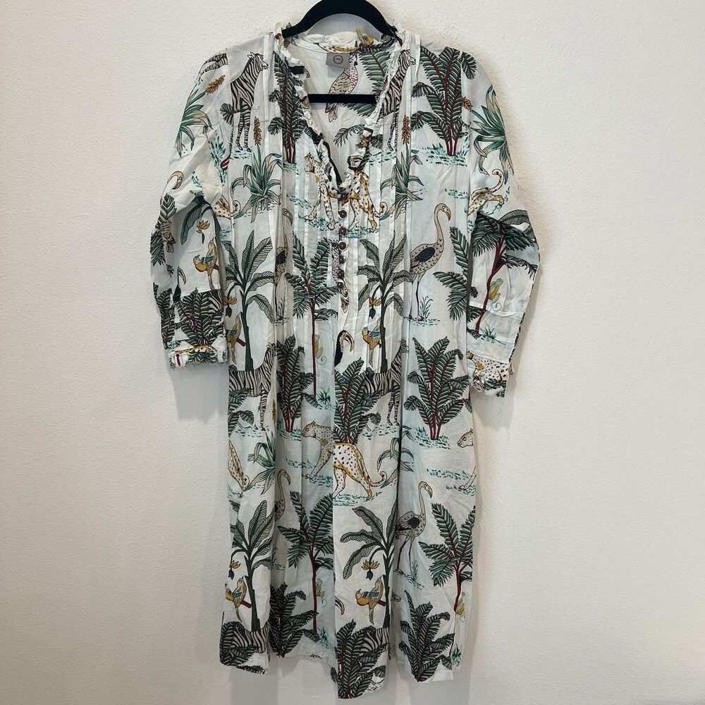 Karma Tunic Dress Small Multi Floral Boho Tropical Animals Midi Summer  Resort